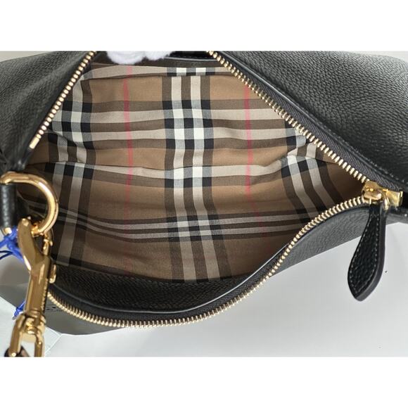 Burberry Hobo Leather Shoulder Bag Check Strap Black 81046821 Italy NWT $1750 - Picture 15 of 16